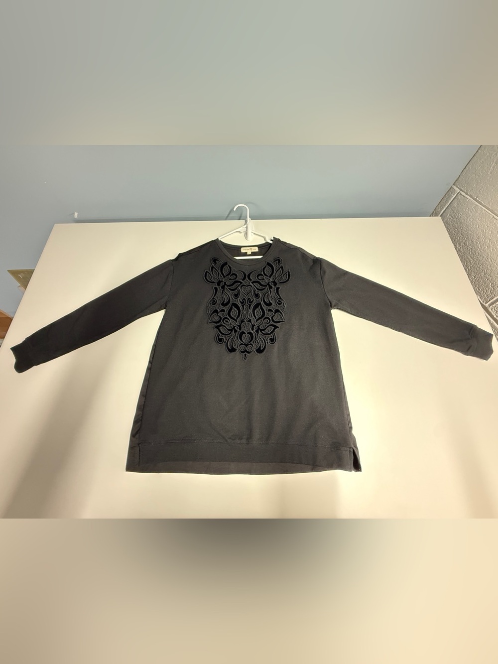 Women's Black Crewneck Sweater with Embroidered Front Panel